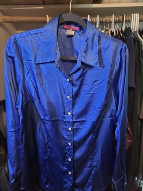 MOJO Blue Satin Button-Up Blouse